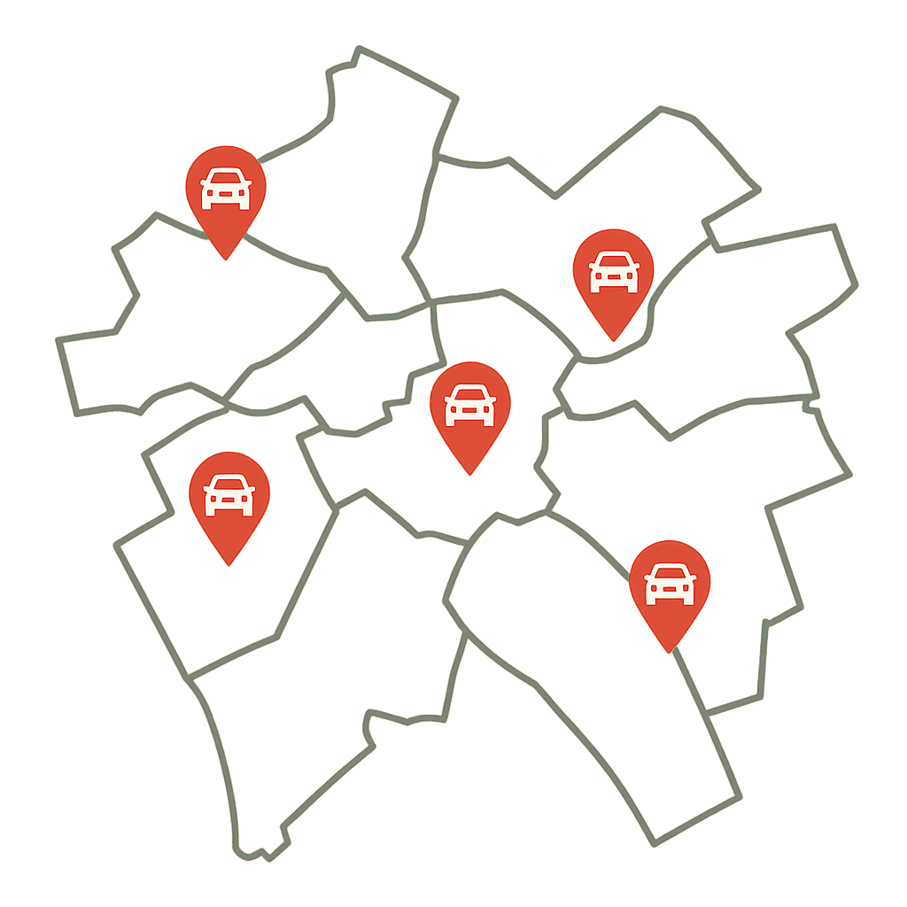 Stadtkarte von Sindelfingen mit Markierungen für den Fahrzeugverkauf aus Böblingen Leonberg und Stuttgart Vaihingen