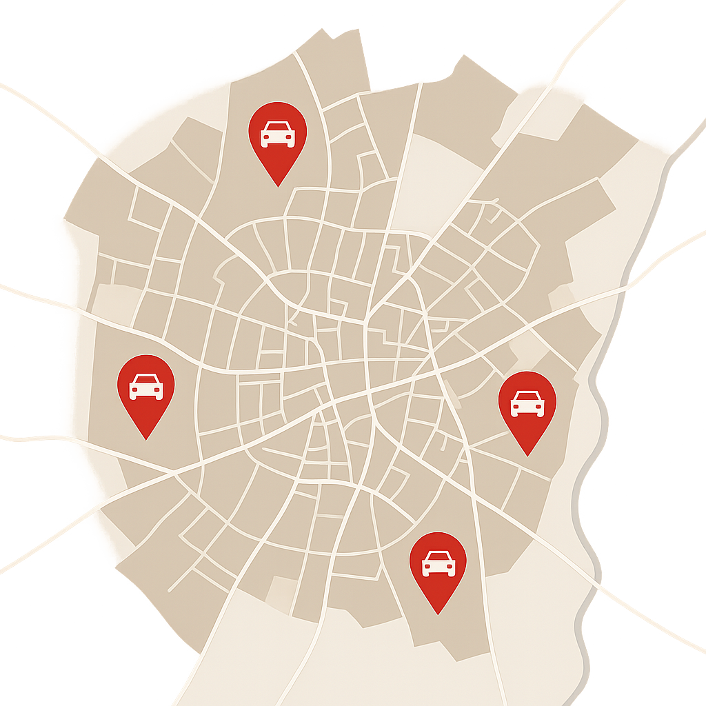 Stadtweite Möglichkeit zum Auto Verkaufen in Singen von der Innenstadt bis Bohlingen mit Markierungen auf der Stadtkarte