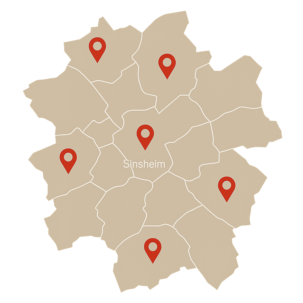 Stadtkarte von Sinsheim mit markierten Orten zum Auto Verkaufen in allen Stadtteilen zwischen Hoffenheim und Steinsfurt