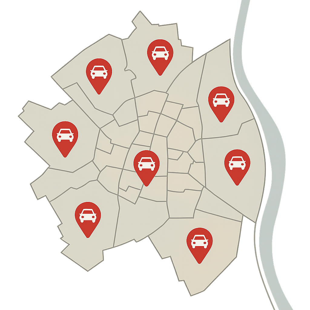 Detailkarte von Speyer mit Markierungen für Standorte zum Auto Verkaufen im Großraum zwischen Ludwigshafen am Rhein und Germersheim