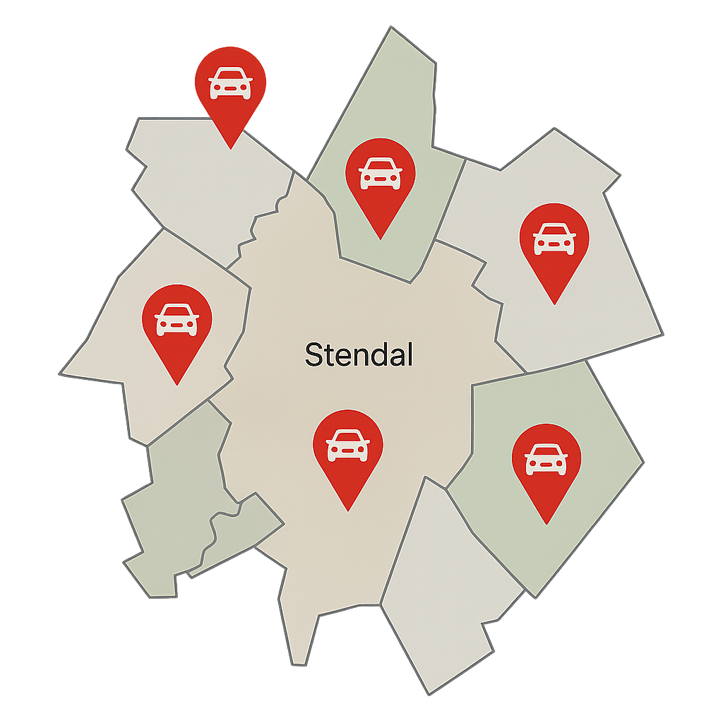 Stadtkarte von Stendal mit Markierungen für den PKW-Verkauf in Tangermünde Osterburg Havelberg und Umgebung