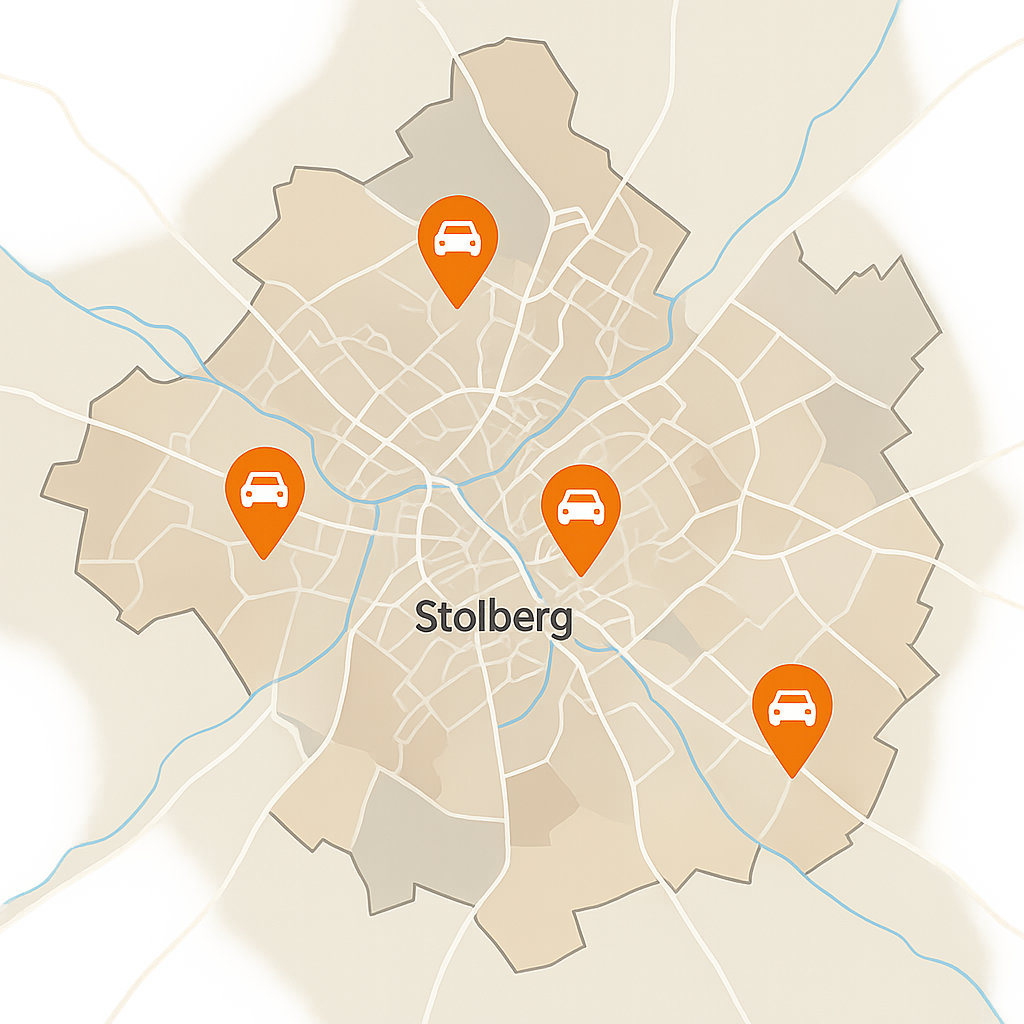 Stadtkarte von Stolberg mit Markierungen für regionale Möglichkeiten zum Auto Verkaufen und unkomplizierten Fahrzeugverkauf