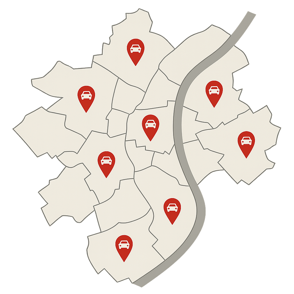 Stadtkarte von Trier mit markierten Standorten zum Auto Verkaufen von der Simeonstraße bis in alle Stadtteile