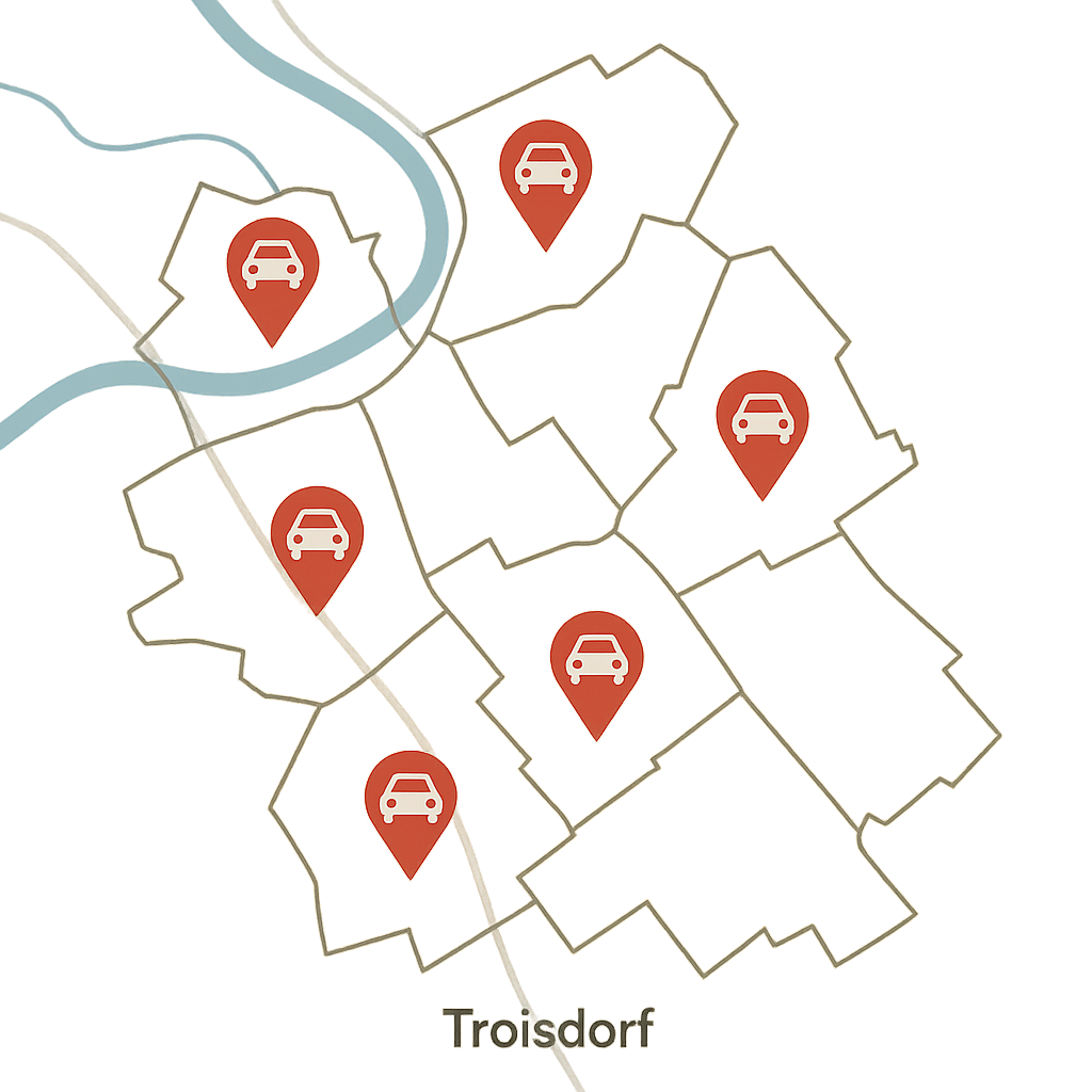Stadtkarte von Troisdorf mit markierten Auto Standorten als Symbol zum Auto Verkaufen in Straßengebieten wie Kölner Straße und Frankfurter Straße