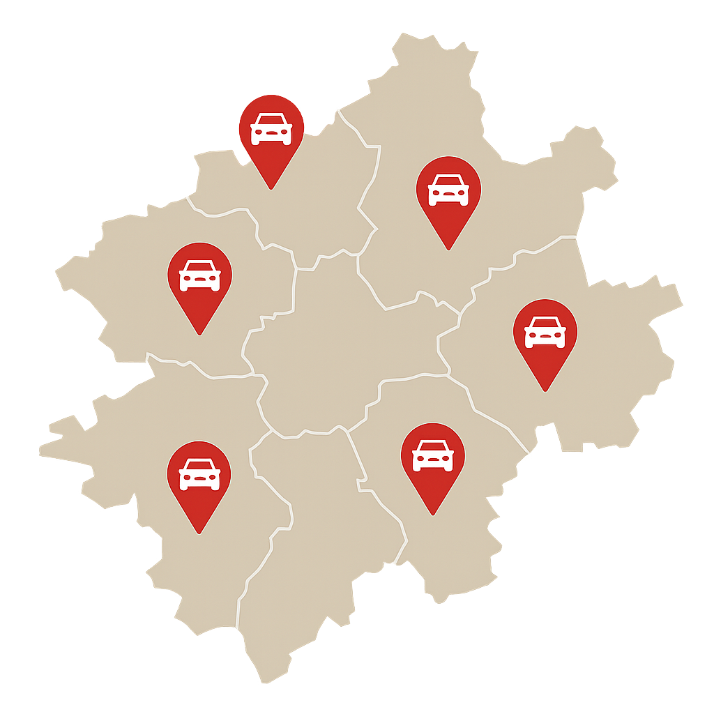 Stadtkarte von Velbert mit markierten Standorten für Fahrzeug verkaufen in allen Stadtteilen von Velbert-Mitte bis Neviges
