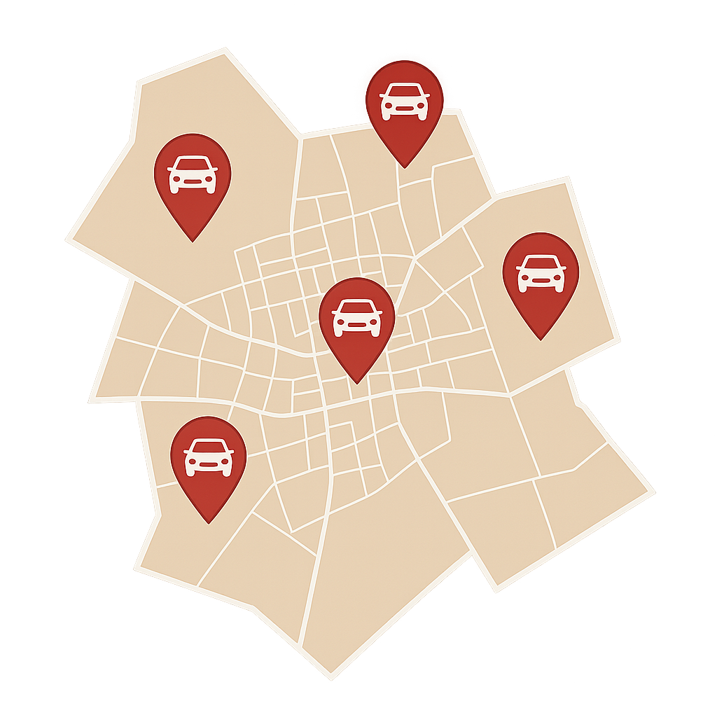Stadtplan von Viernheim mit Markierungen zum Auto Verkaufen in Innenstadt Nordstadt und rund um das Rhein Neckar Zentrum