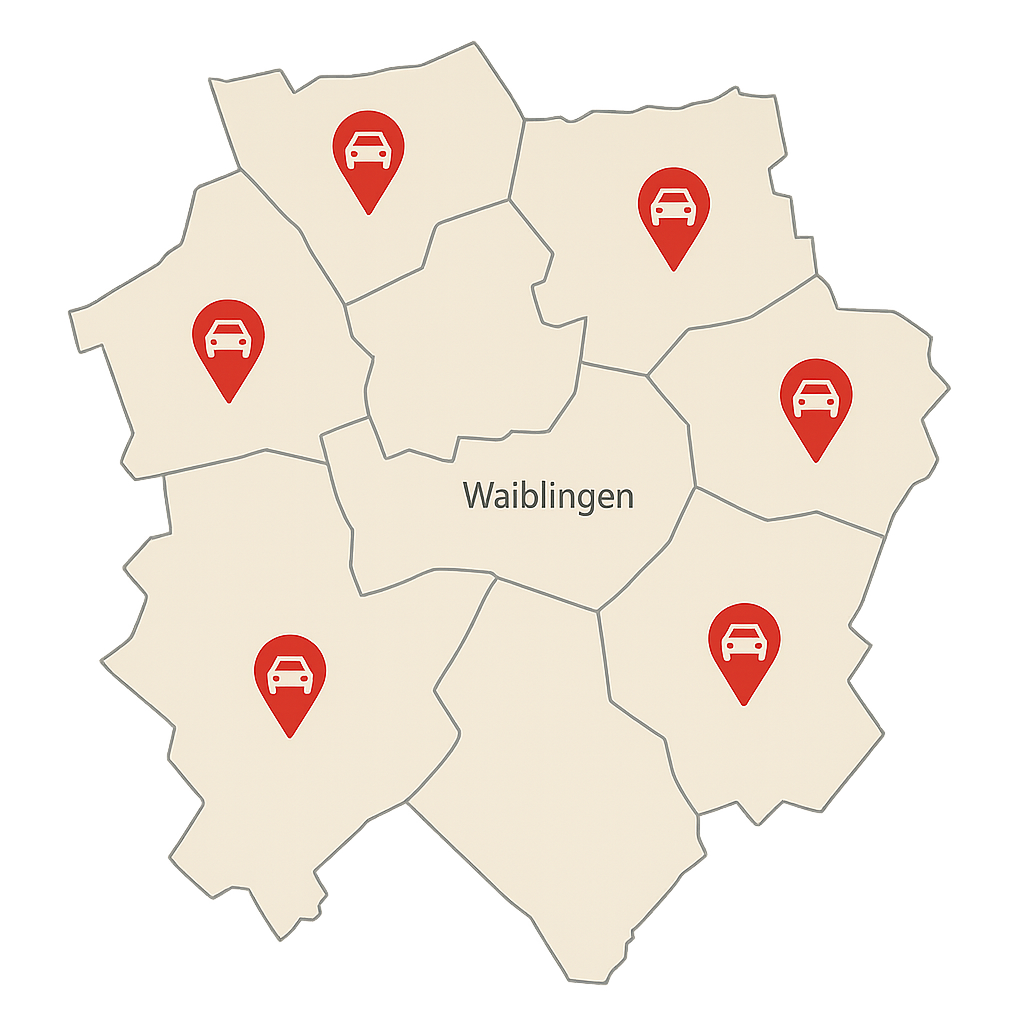 Stadtkarte von Waiblingen mit Markierungen für das Auto Verkaufen von Unfallwagen und Fahrzeugen mit Motorschaden entlang Stuttgarter Straße und Schorndorfer Straße