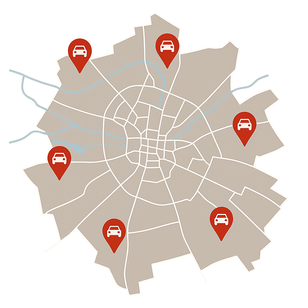 Stadtkarte von Warendorf mit Markierungen zum Auto Verkaufen rund um Münsterstraße Emsstraße Bahnhofstraße und Emssee