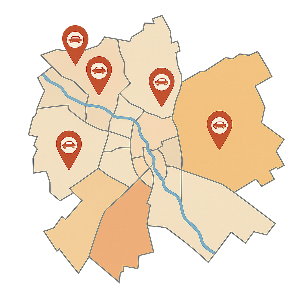 Digitale Karte von Weiden in der Oberpfalz mit markierten Standorten für Autoverkauf in Straßenbereichen wie Bahnhofstraße und Nürnberger Straße