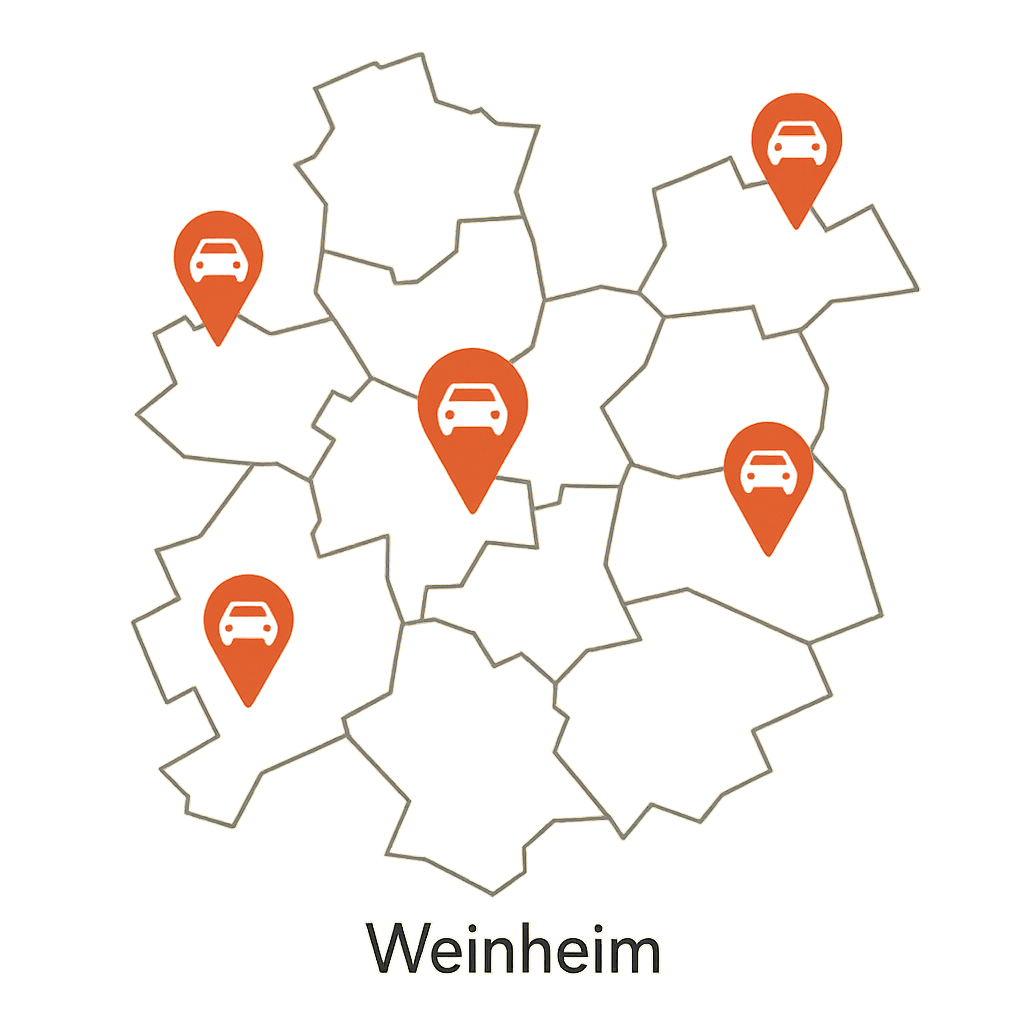 Regionale Auto verkaufen Karte für Weinheim Hemsbach und Hirschberg an der Bergstraße