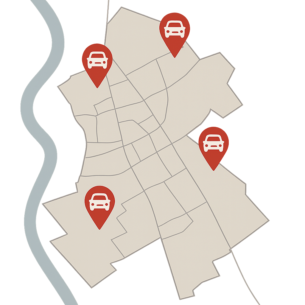 Stadtkarte von Wesseling mit Markierungen für Auto Verkaufen in verschiedenen Wohngebieten und Gewerbearealen
