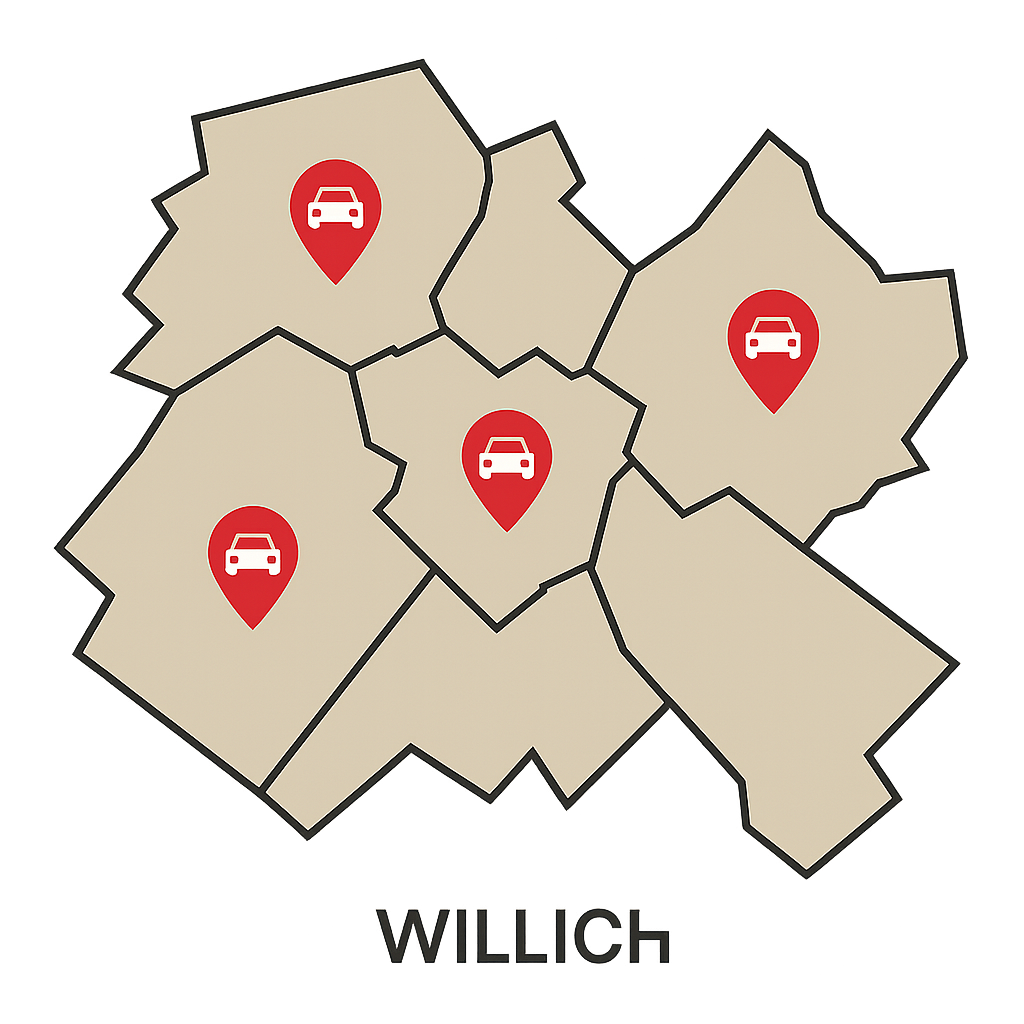 Stadtkarte von Willich mit Markierungen für PKW-Ankauf in Anrath Schiefbahn Neersen und Willich Mitte zum Auto Verkaufen
