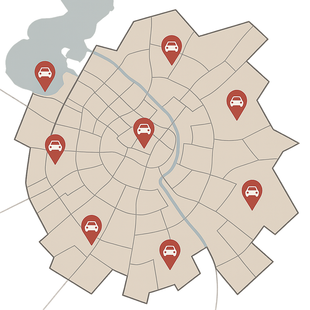 Stadtplan von Wismar mit Markierungen für Auto Verkaufen entlang von Lübsche Straße bis Schweriner Straße