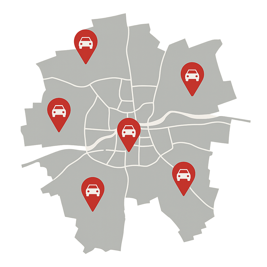 Stadtplan von Wolfsburg mit markierten Autosymbolen für den bequemen Online Verkauf von Fahrzeugen in allen Stadtteilen