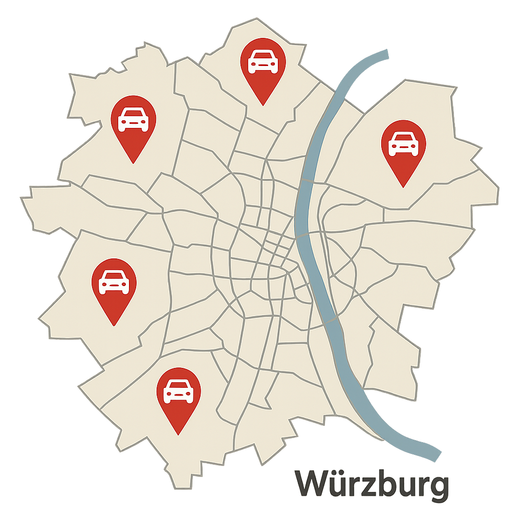 Stadtkarte von Würzburg mit Markierungen für Fahrzeughalter zwischen Frankfurter Straße und Nürnberger Straße, die ihr Auto Verkaufen möchten
