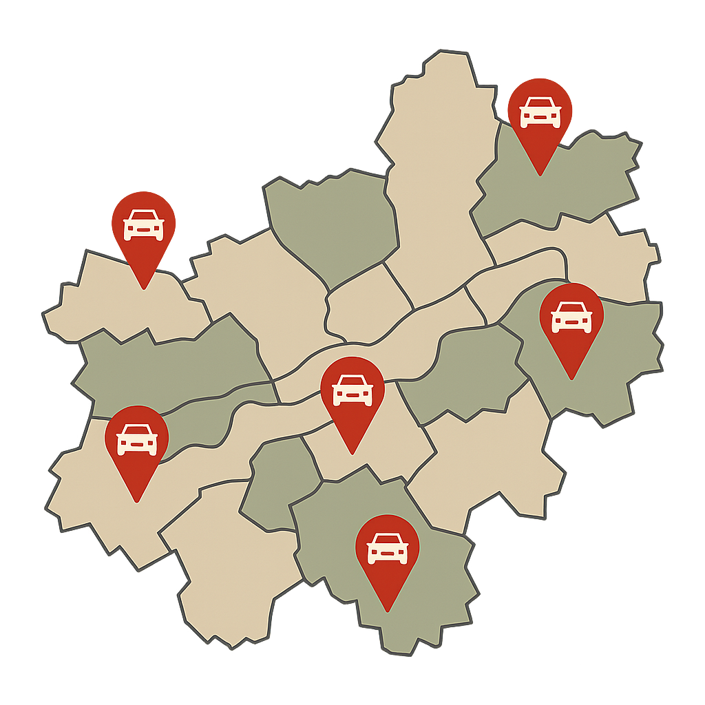 Stadtkarte von Wuppertal mit Markierungen für defekte Autos zum Auto Verkaufen in verschiedenen Stadtteilen