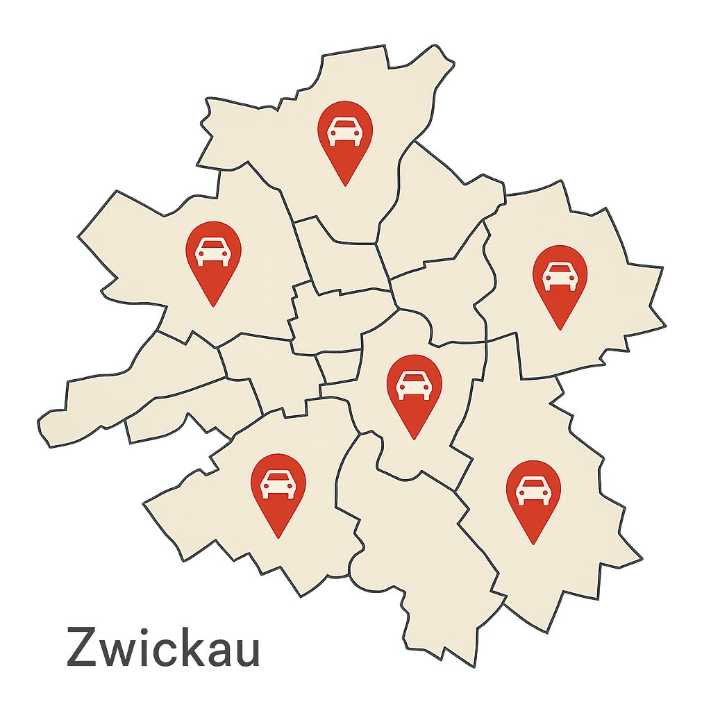 Stadtkarte von Zwickau mit Markierungen für den Autoankauf in Bereichen wie Crimmitschauer Straße und Reichenbacher Straße