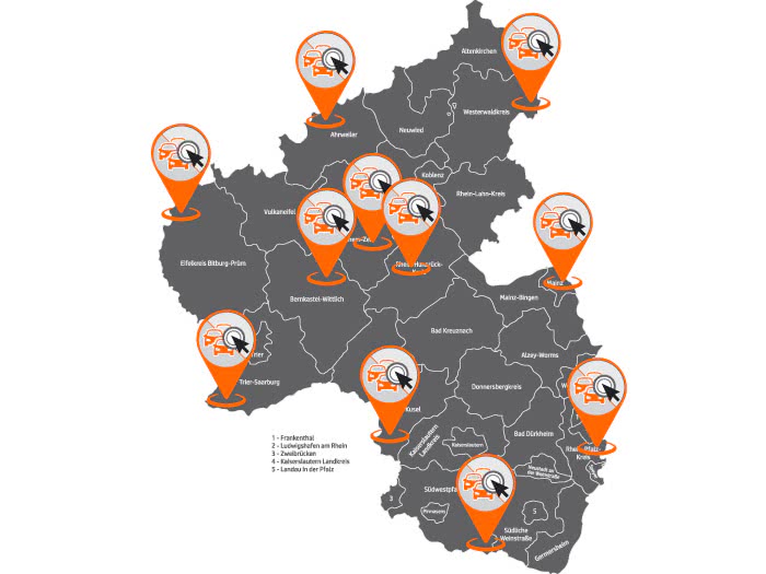 Standorte von gekauften Autos in Rheinland-Pfalz auf der Karte