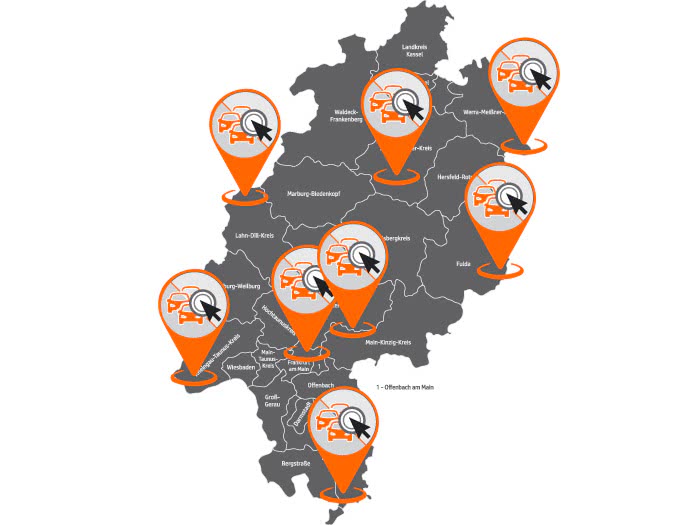 Bundesland Karte von Hessen mit Autoankauf Markierungen