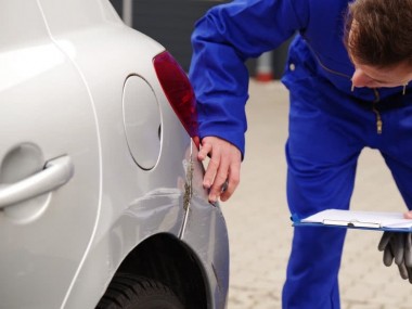 Gutachter schaut sich den Schade am Auto für das Unfallgutachten an